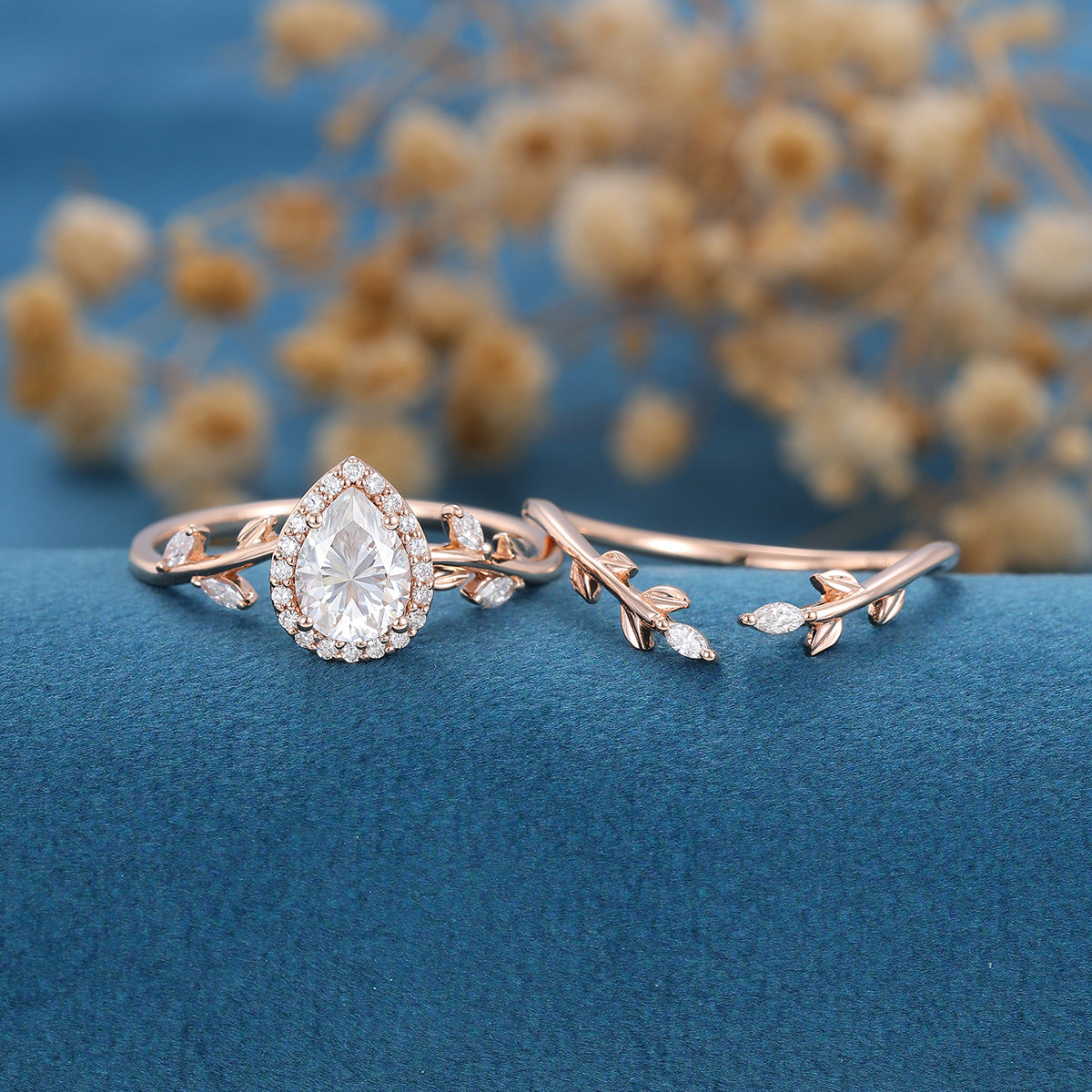 1.25 Carat Pear cut Moissanite leaf Engagement ring Bridal Set 