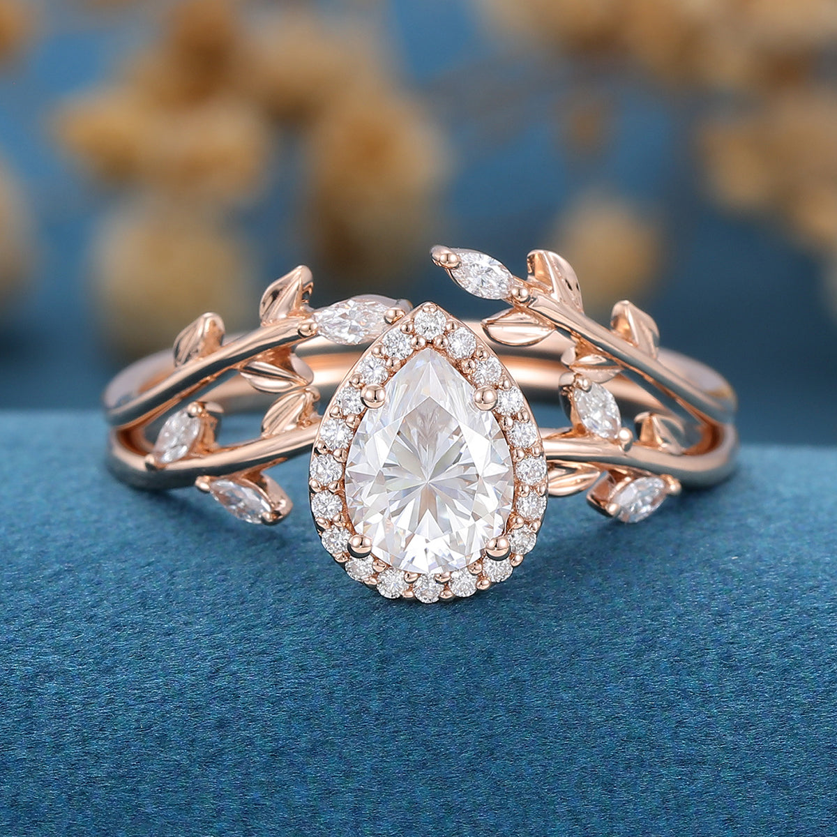 1.25 Carat Pear cut Moissanite leaf Engagement ring Bridal Set 