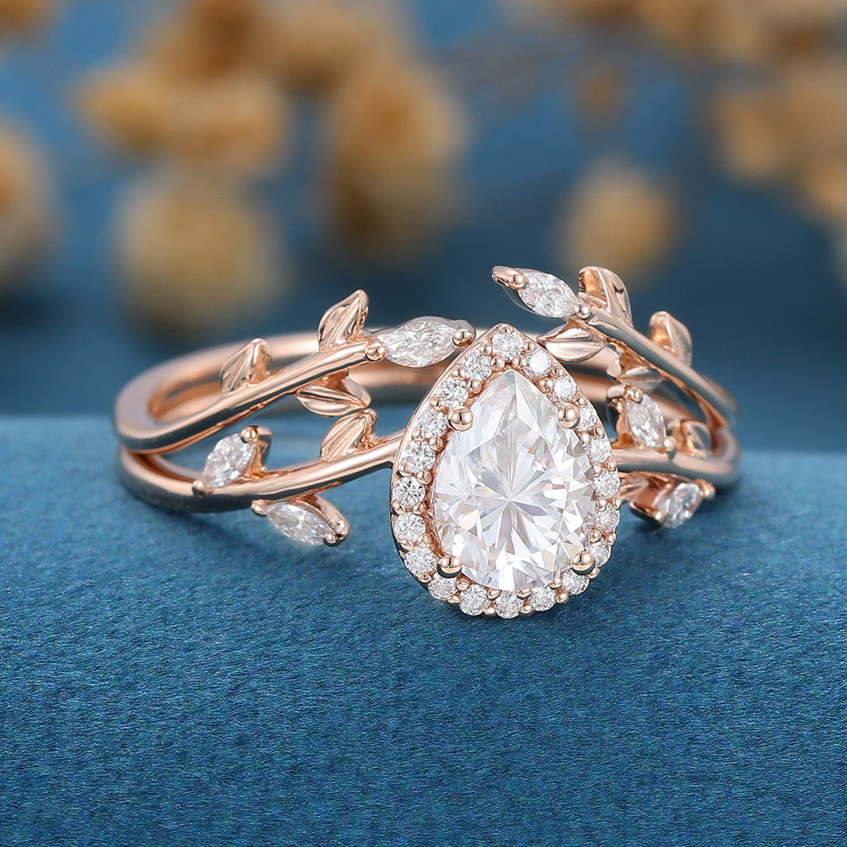 1.25 Carat Pear cut Moissanite leaf Engagement ring Bridal Set 