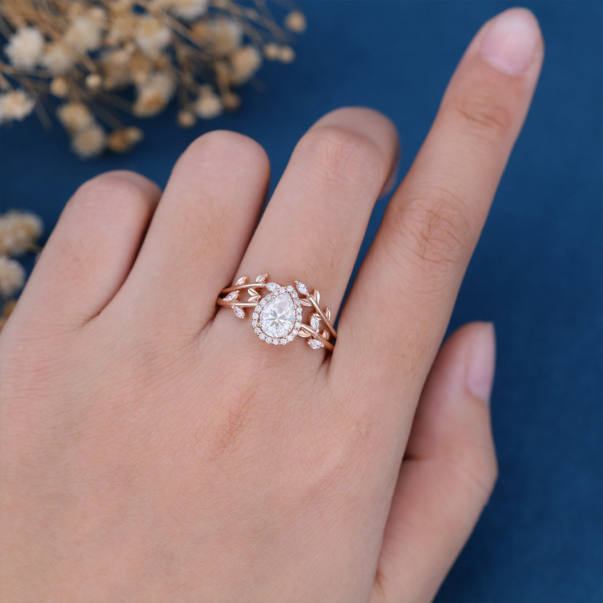 1.25 Carat Pear cut Moissanite leaf Engagement ring Bridal Set 