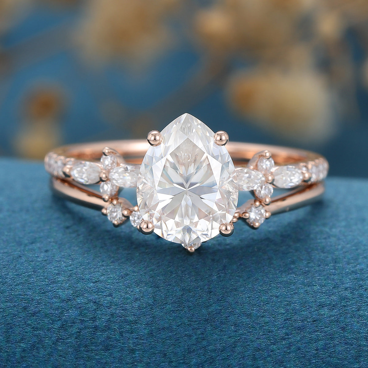 1.5 Carat Pear cut Moissanite Engagement ring Bridal Set 
