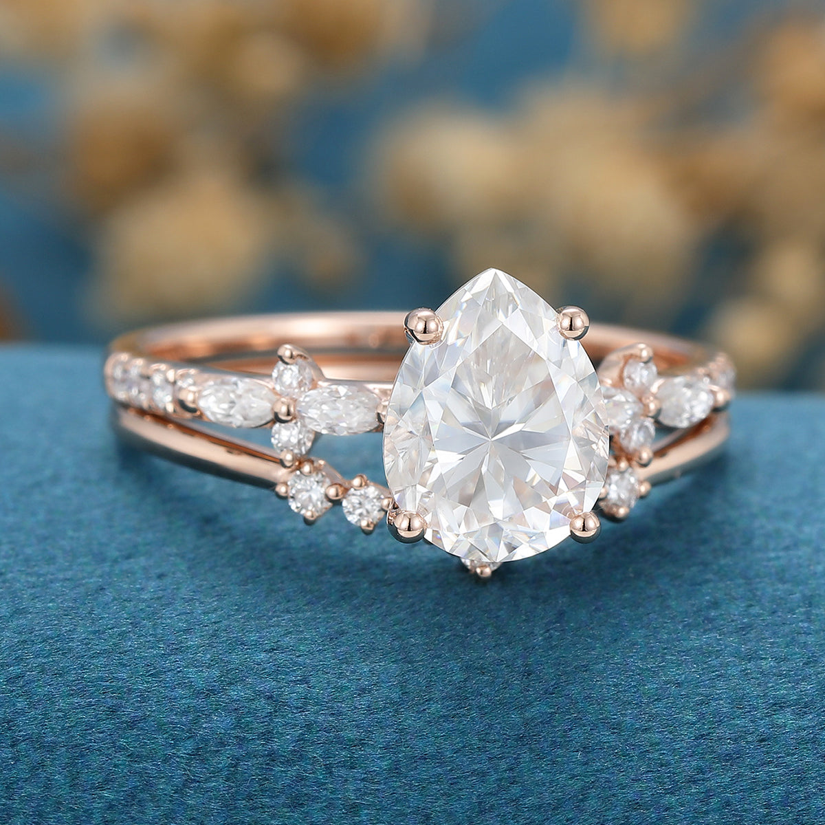 1.5 Carat Pear cut Moissanite Engagement ring Bridal Set 