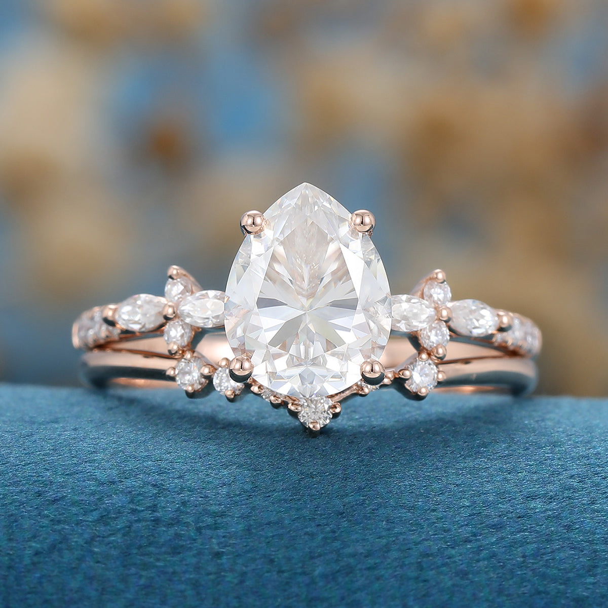 1.5 Carat Pear cut Moissanite Engagement ring Bridal Set 