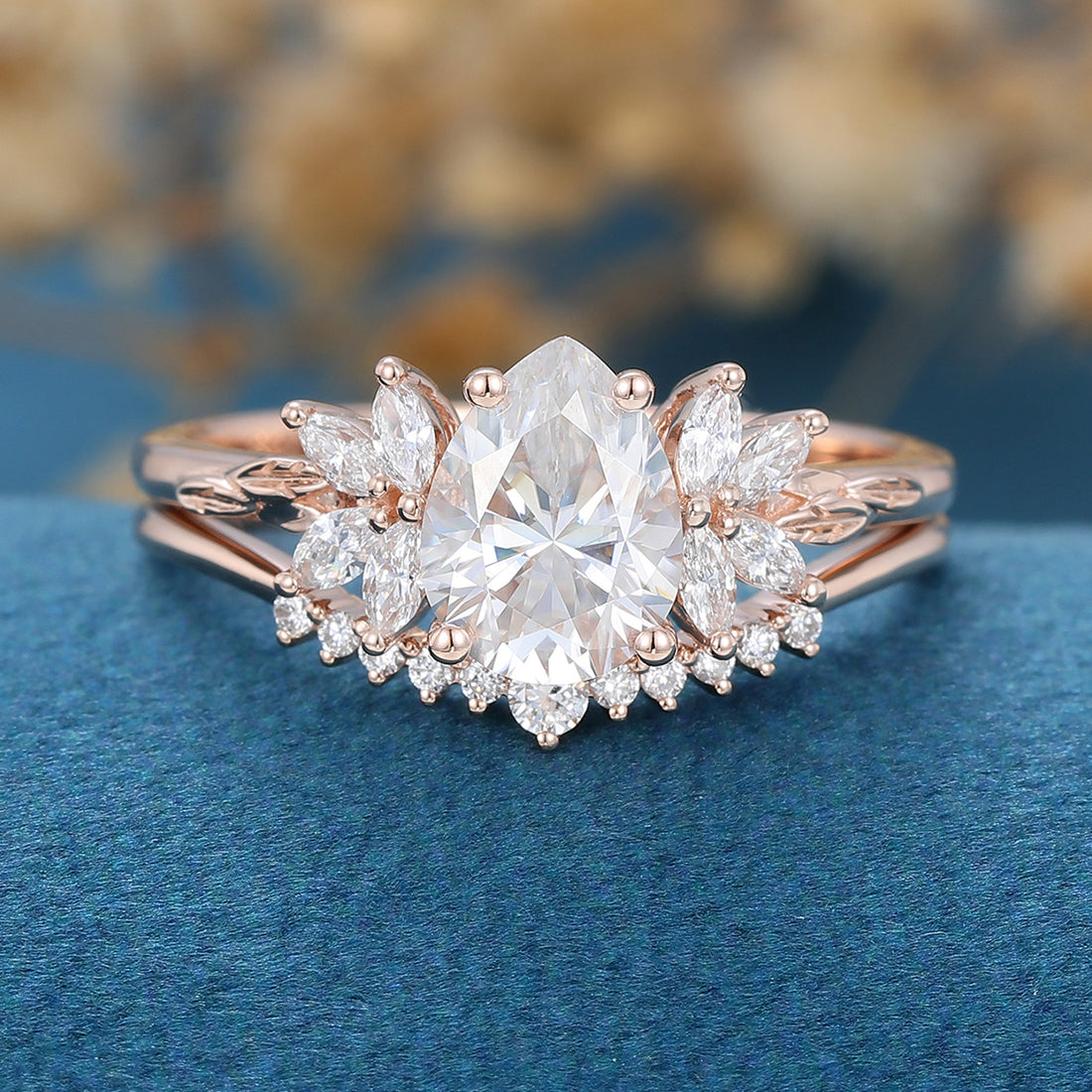 Pear cut Moissanite Cluster Engagement ring Bridal Set 