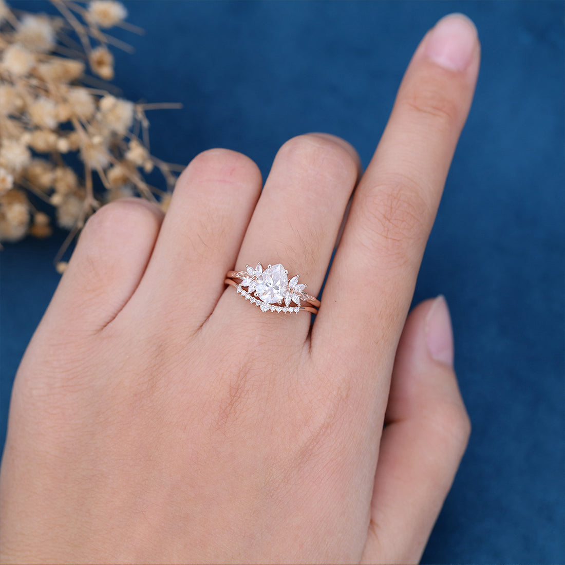 Pear cut Moissanite Cluster Engagement ring Bridal Set 