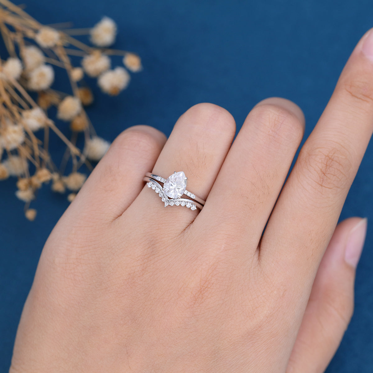 Pear cut Moissanite Cluster Engagement ring Bridal Set 
