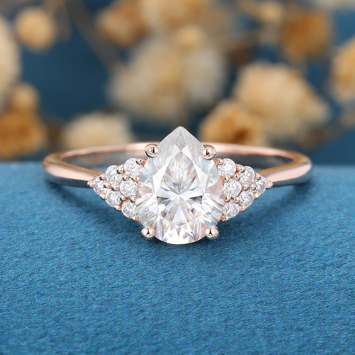 1.25 Carat Vintage Pear shaped Moissanite Cluster Engagement Ring 