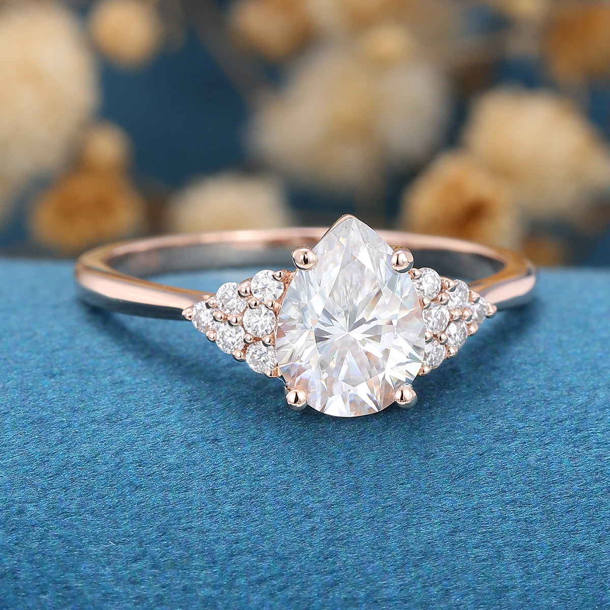 1.25 Carat Vintage Pear shaped Moissanite Cluster Engagement Ring 