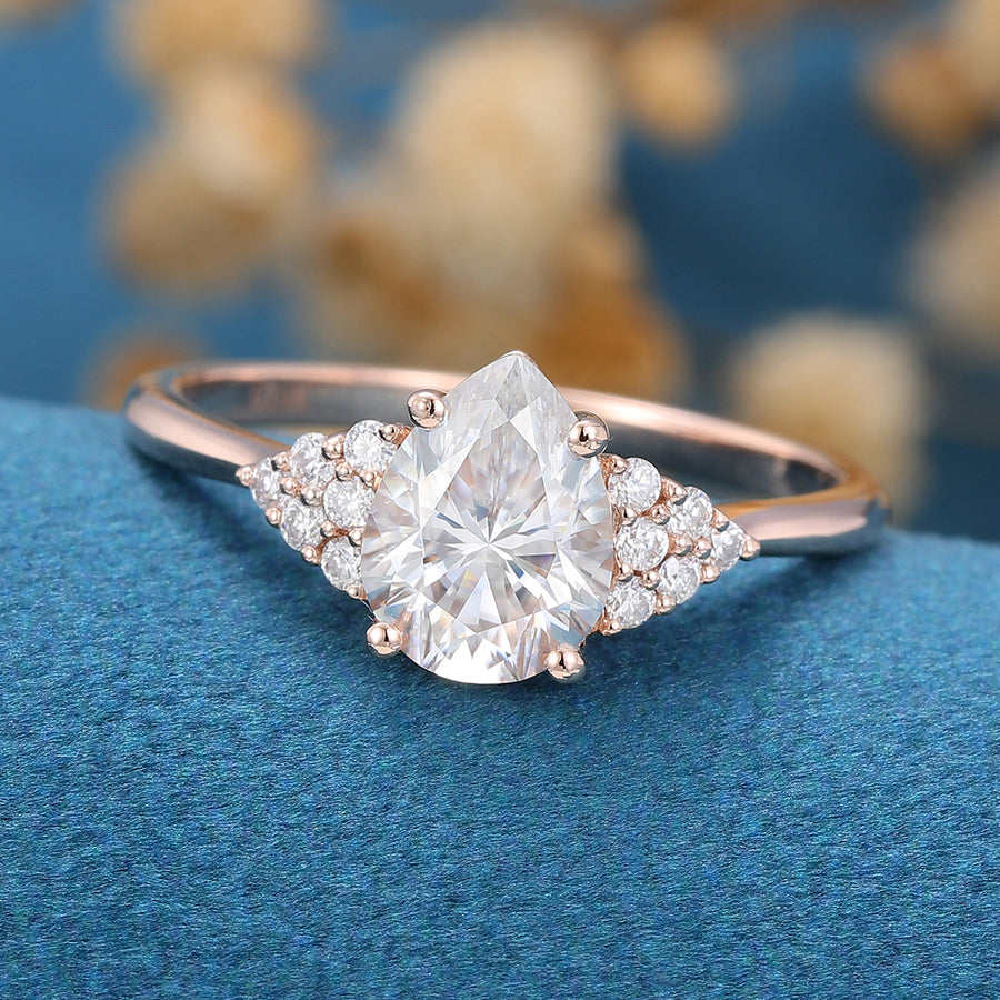 1.25 Carat Vintage Pear shaped Moissanite Cluster Engagement Ring 