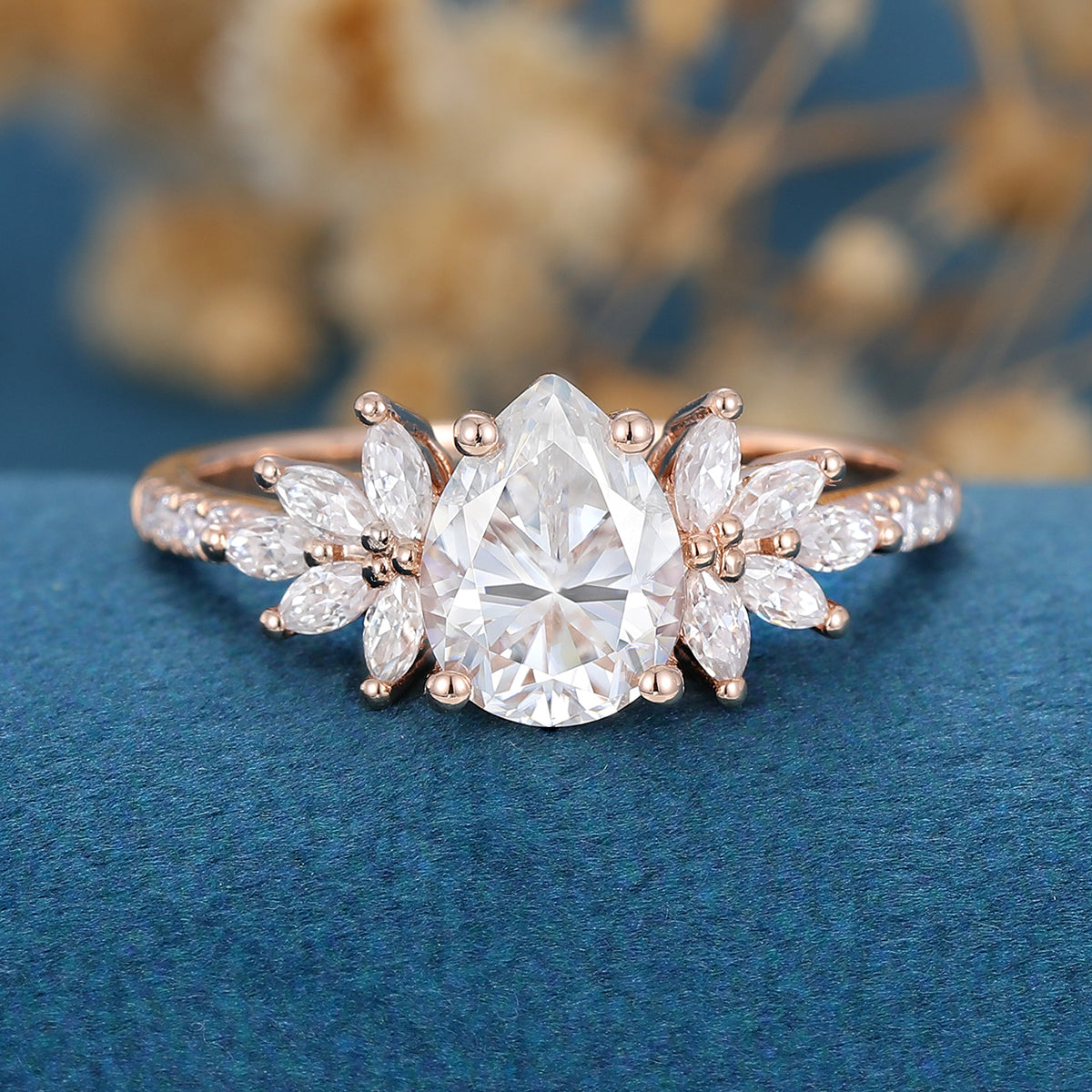 Pear cut Moissanite Cluster | Half Eternity Engagement ring 