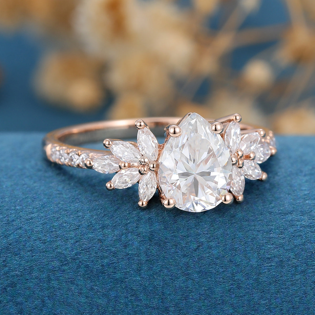 Pear cut Moissanite Cluster | Half Eternity Engagement ring 
