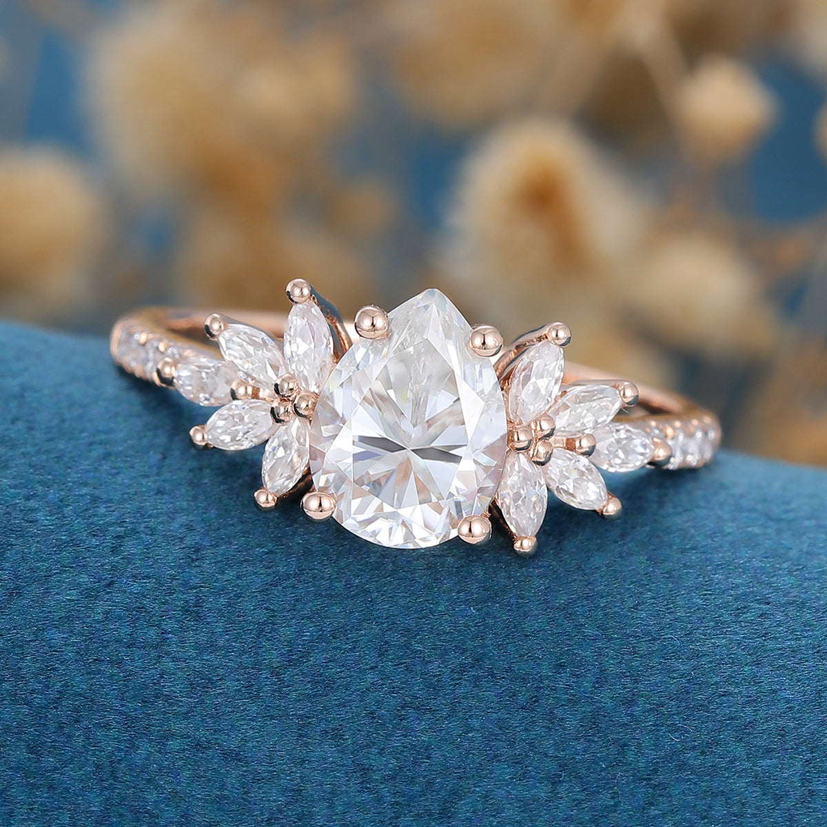Pear cut Moissanite Cluster | Half Eternity Engagement ring 