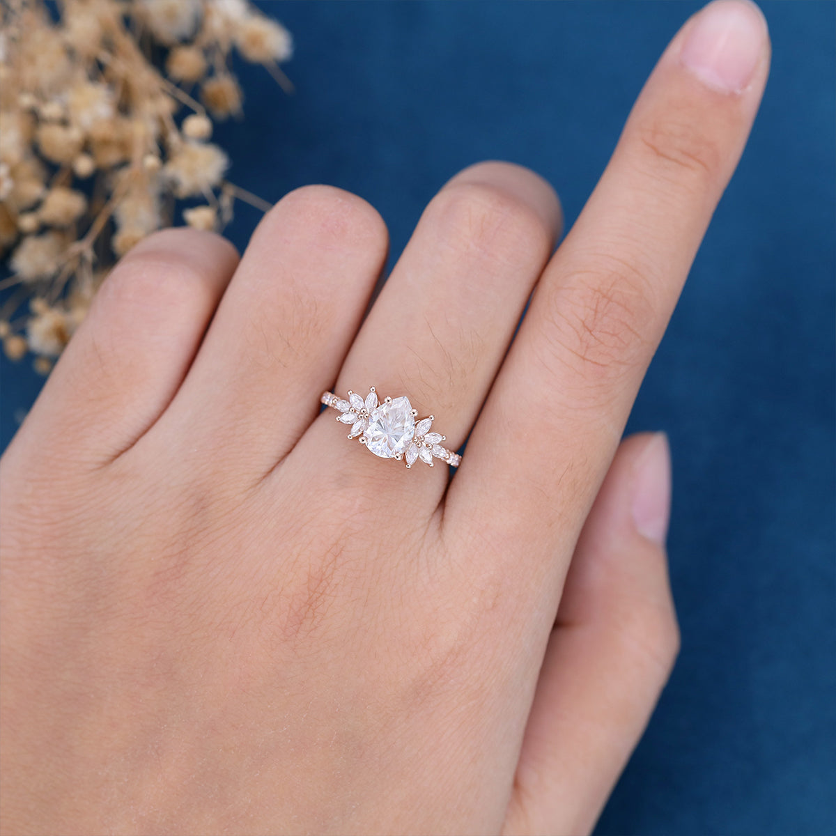 Pear cut Moissanite Cluster | Half Eternity Engagement ring 
