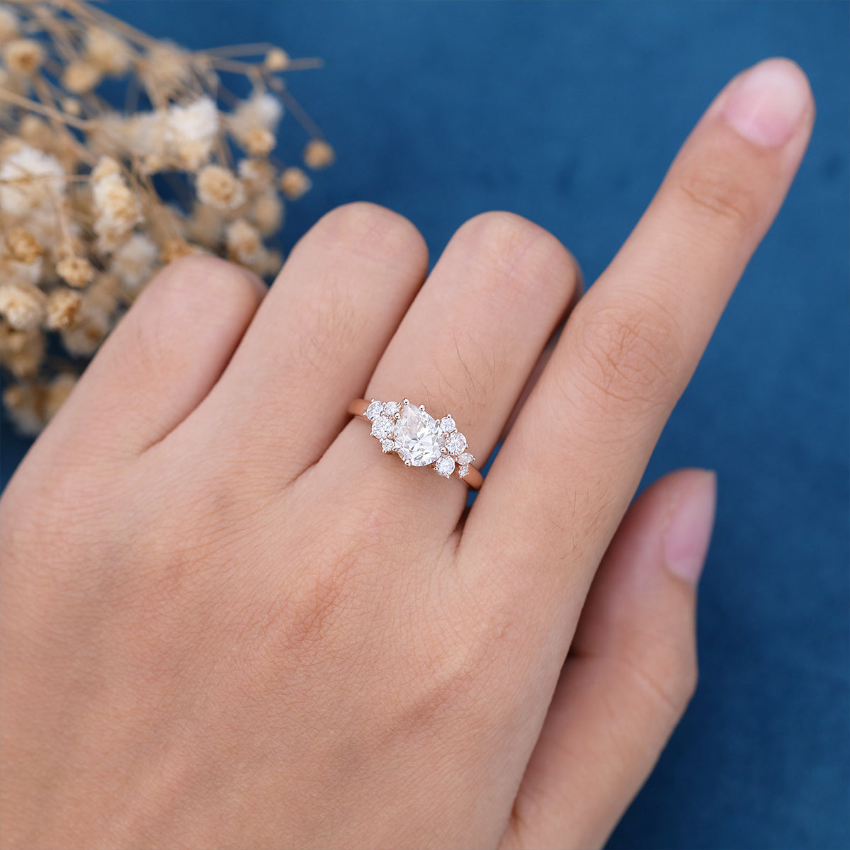 1.25 Carat Vintage Pear shaped Moissanite Cluster Engagement Ring 