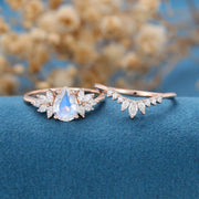 2PCS Pear Moonstone Engagement Ring Bridal Set 