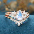 2PCS Pear Moonstone Engagement Ring Bridal Set 