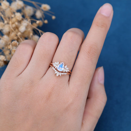 2PCS Pear Moonstone Engagement Ring Bridal Set 