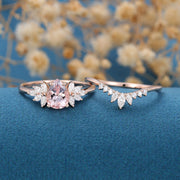 Pear cut Morganite Cluster Engagement ring Bridal Set 