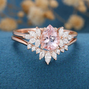 Pear cut Morganite Cluster Engagement ring Bridal Set 
