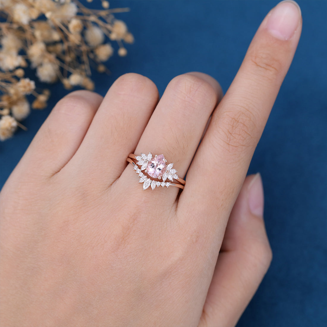 Pear cut Morganite Cluster Engagement ring Bridal Set