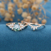 Moss Agate Natural Green Pear cut Cluster Engagement ring Bridal Sets 