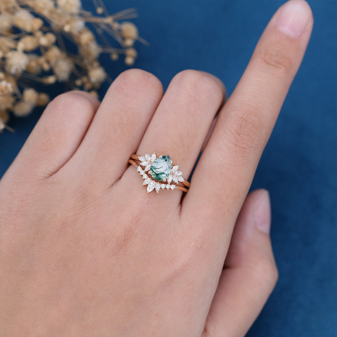 Moss Agate Natural Green Pear cut Cluster Engagement ring Bridal Sets