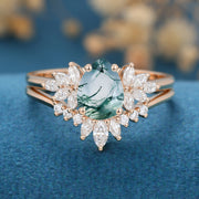 Moss Agate Natural Green Pear cut Cluster Engagement ring Bridal Sets 