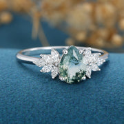 Moss Agate Natural Green Pear cut Cluster Engagement rings 