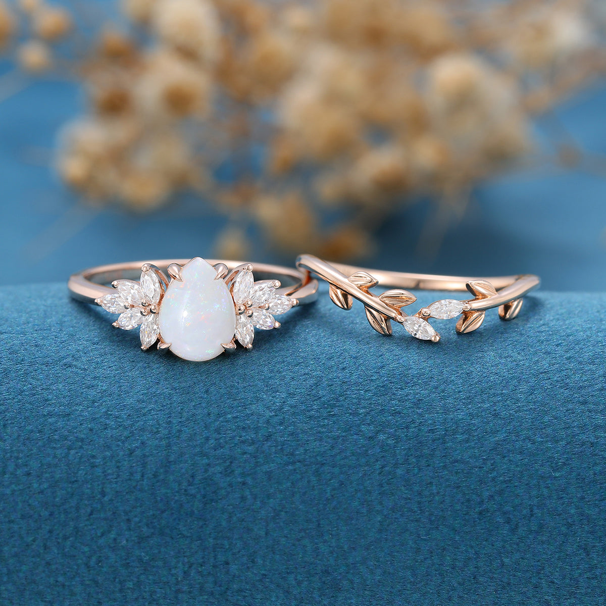 Pear cut Opal Cluster Engagement ring Bridal Set – FYMJewelryDesign