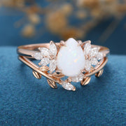 Pear cut Opal  Cluster Engagement ring Bridal Set 