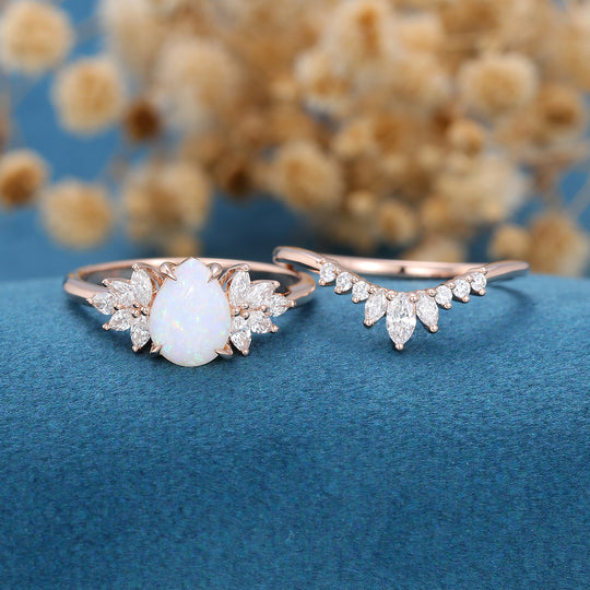 Pear cut Opal Cluster  Engagement ring Bridal Set 