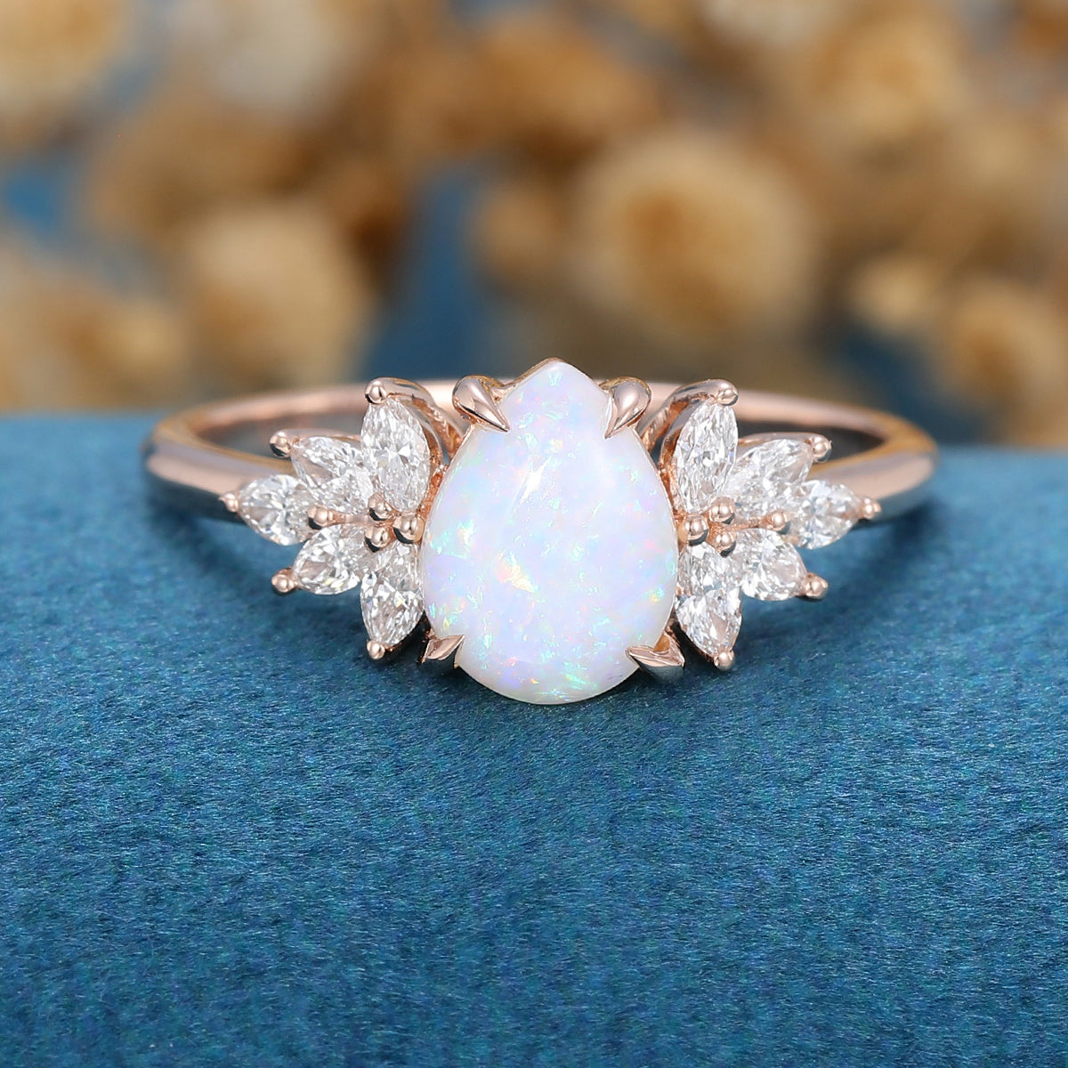 Pear cut Opal Cluster Engagement ring 