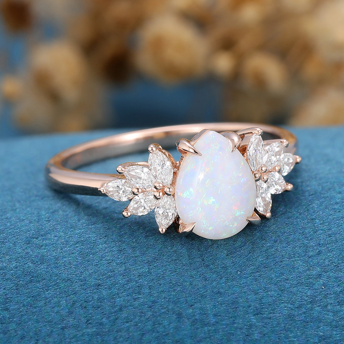 Pear cut Opal Cluster Engagement ring 