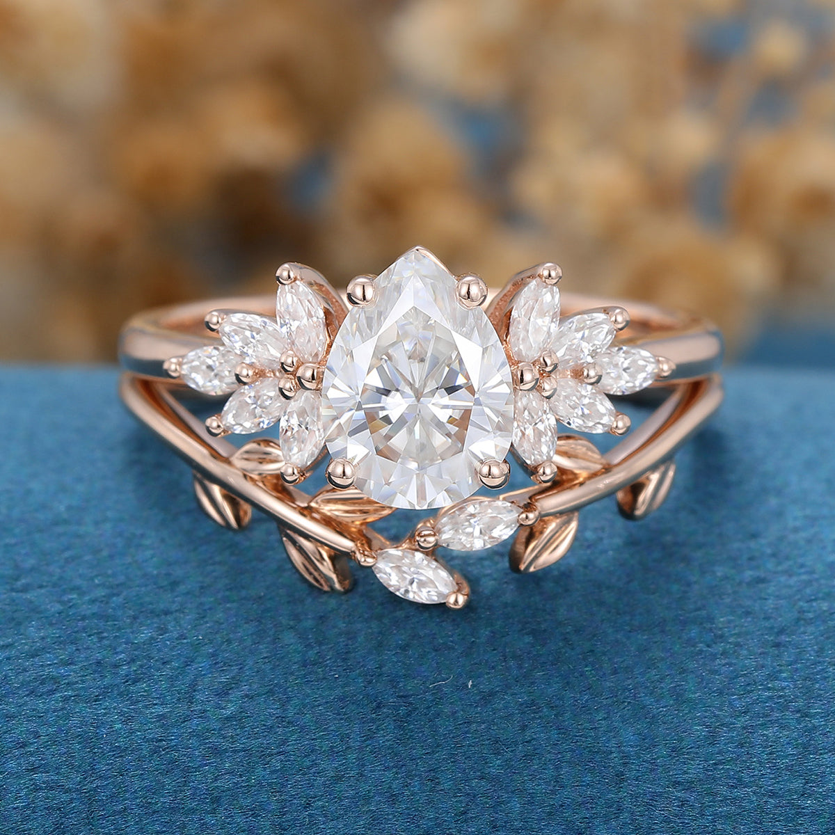 Pear Moissanite Cluster Engagement ring Bridal Set 
