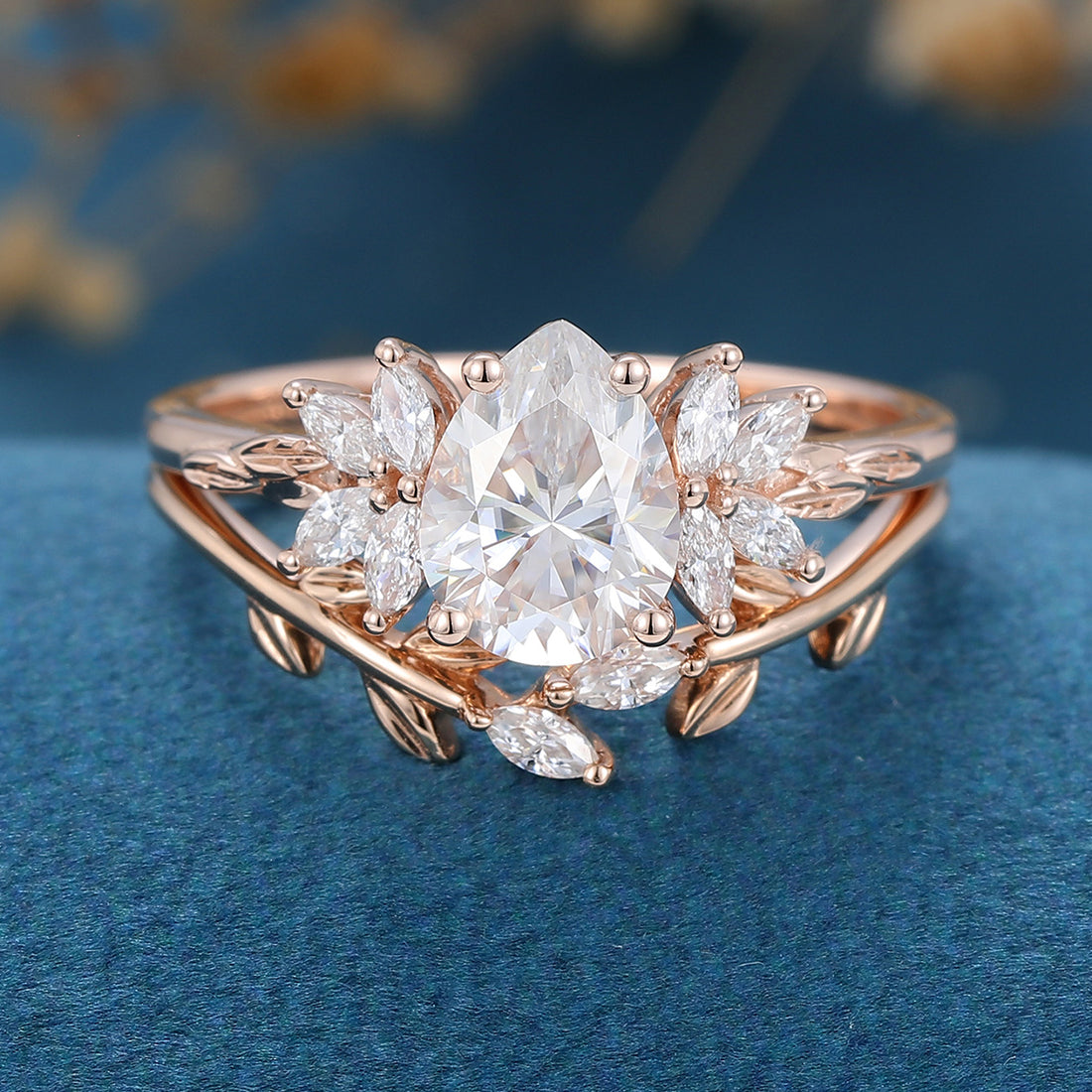 Pear cut Moissanite Cluster Engagement ring Bridal Set 