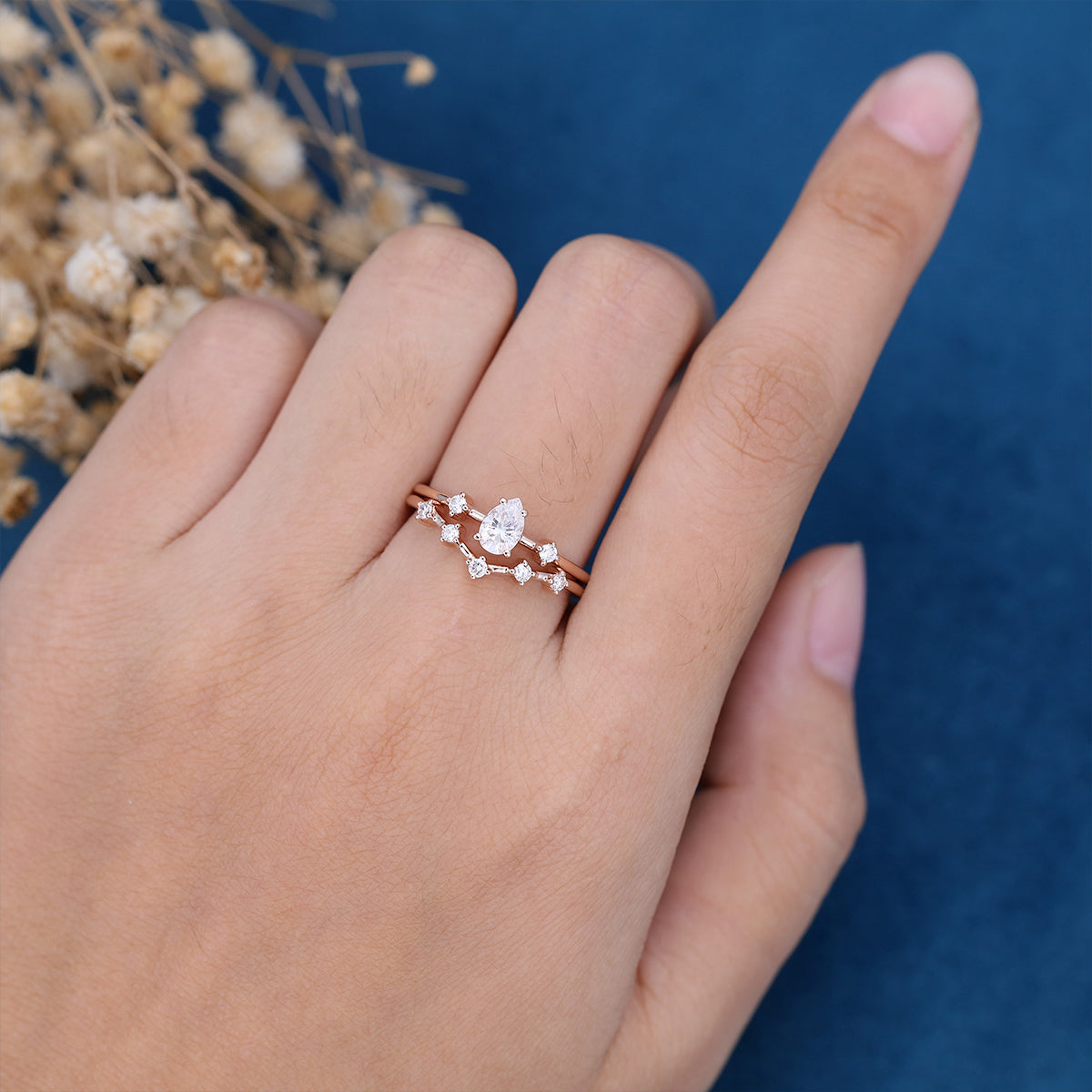 Pear cut Moissanite Engagement ring Bridal Set 