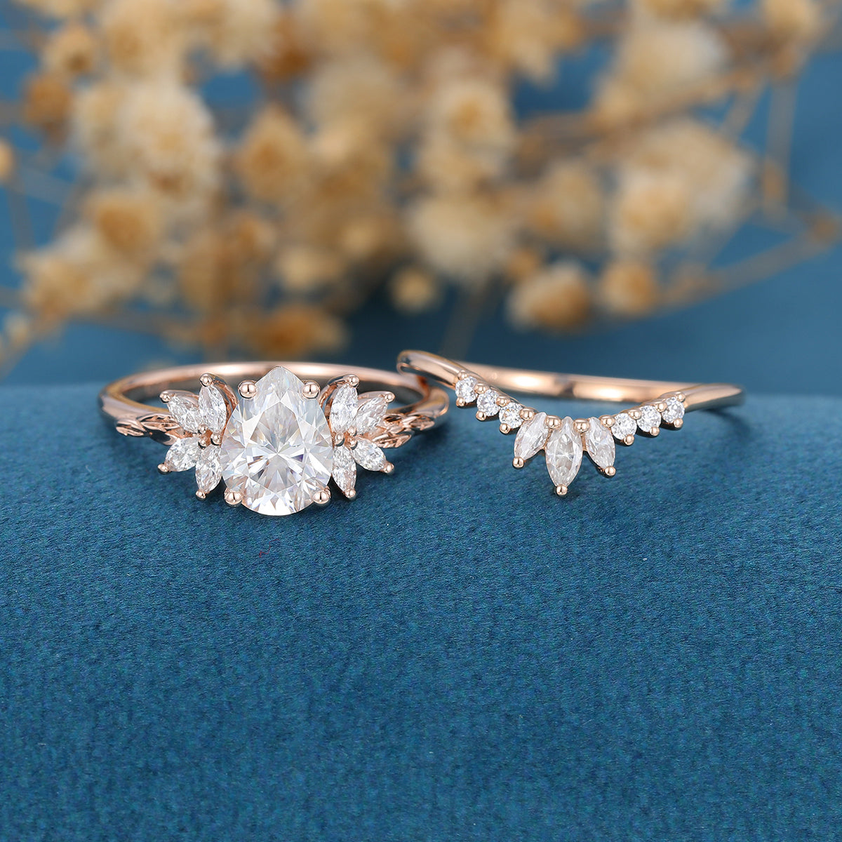 Pear cut Moissanite Cluster Engagement ring Bridal Set 