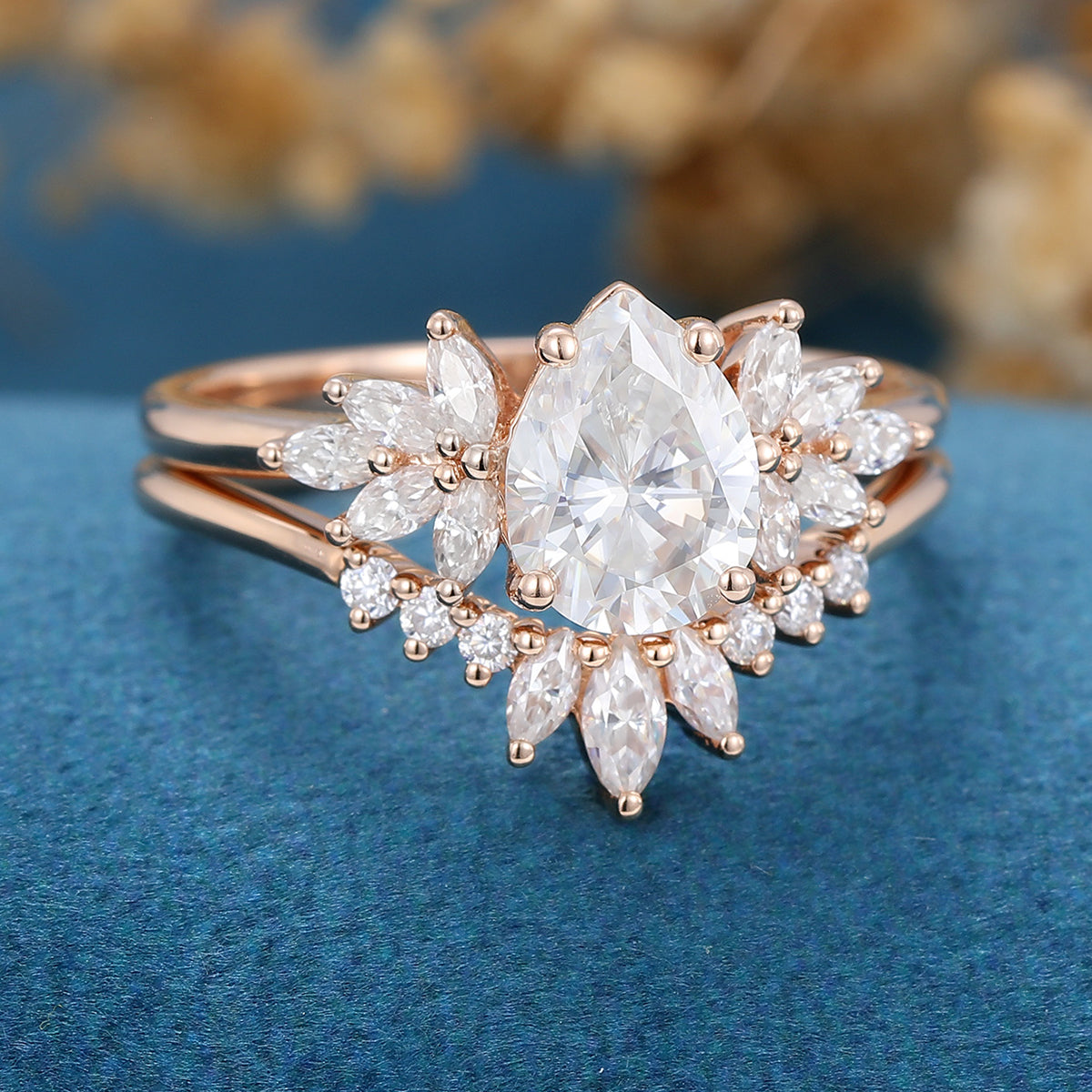 Pear cut Moissanite Cluster Engagement ring Bridal Set 