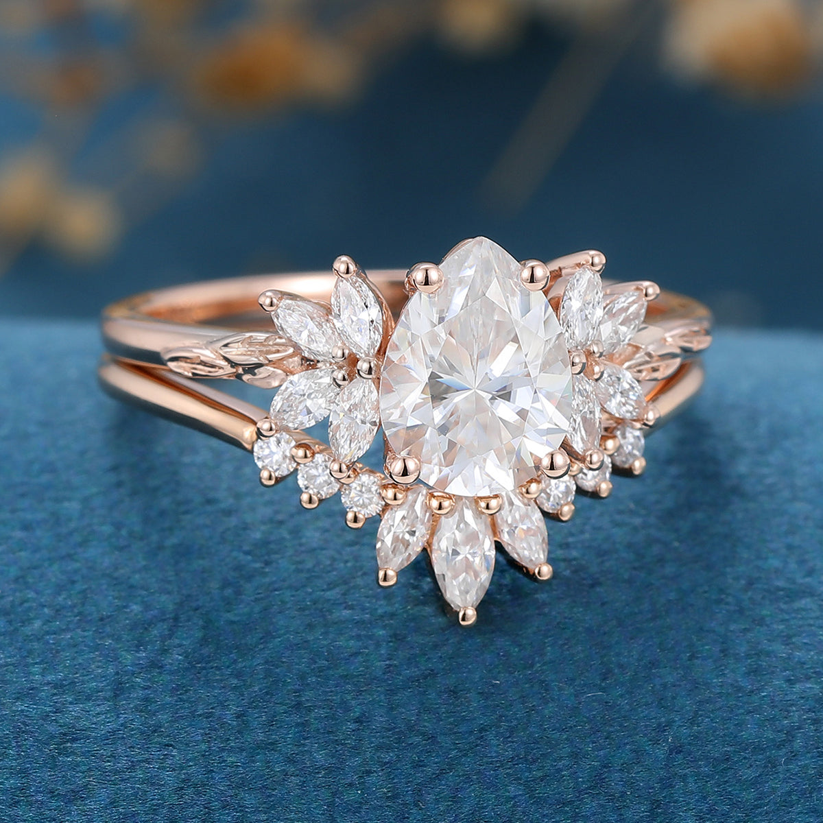 Pear cut Moissanite Cluster Engagement ring Bridal Set 