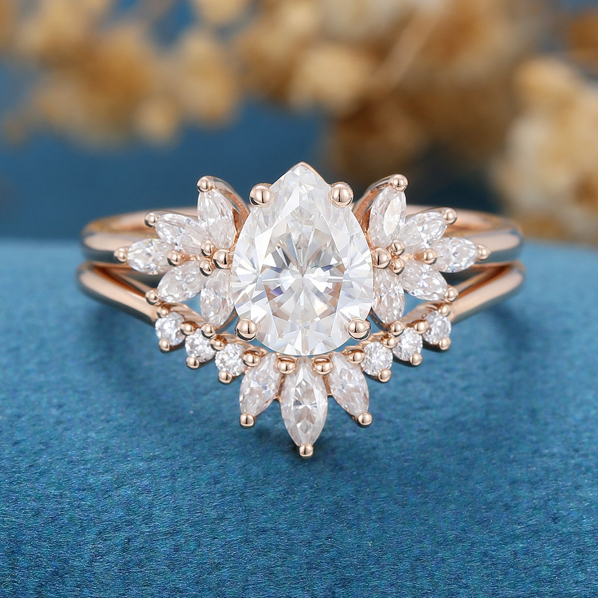 Pear cut Moissanite Cluster Engagement ring Bridal Set 