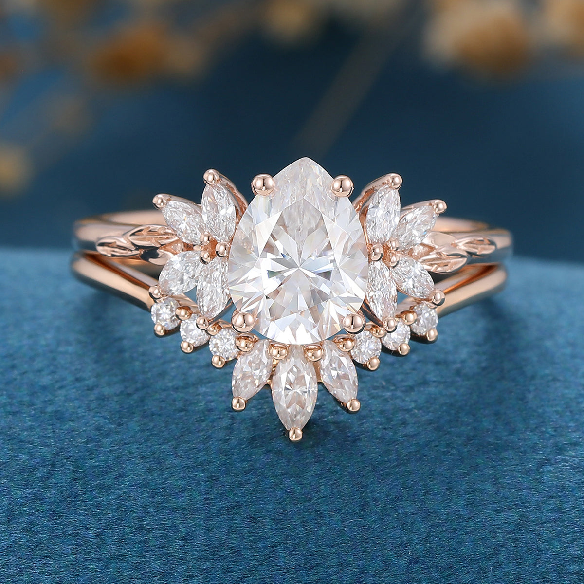Pear cut Moissanite Cluster Engagement ring Bridal Set 