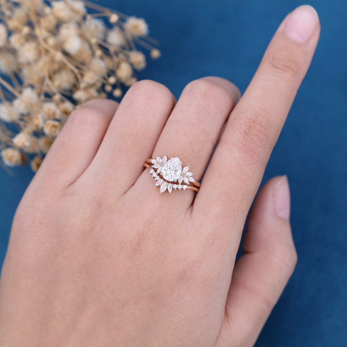 Pear cut Moissanite Cluster Engagement ring Bridal Set 