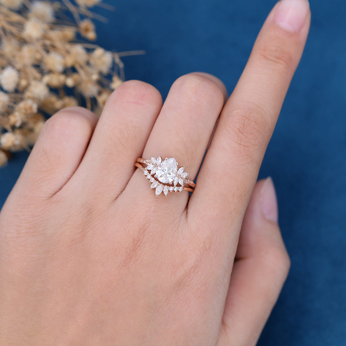 Pear cut Moissanite Cluster Engagement ring Bridal Set 