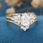 Pear cut Moissanite Cluster Engagement ring Bridal Set 