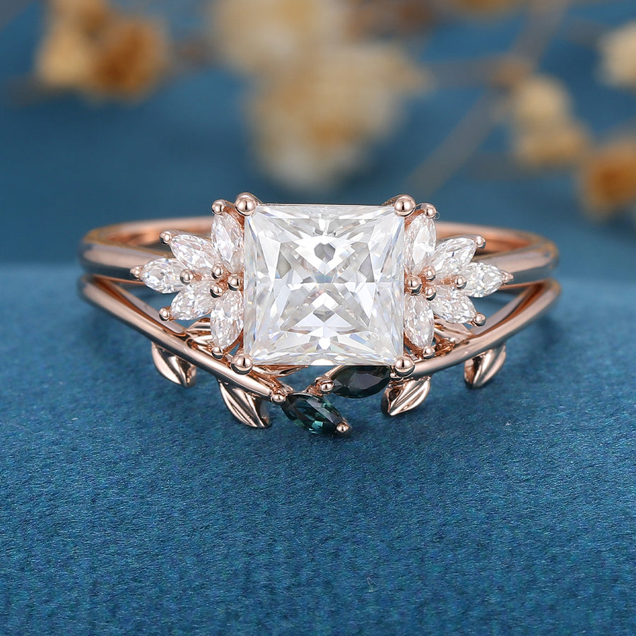 2 Carat Princess cut Moissanite cluster Engagement Ring Bridal Set 