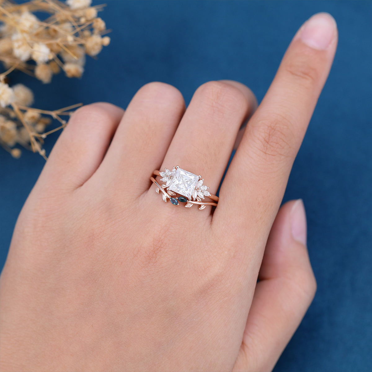 2 Carat Princess cut Moissanite cluster Engagement Ring Bridal Set 