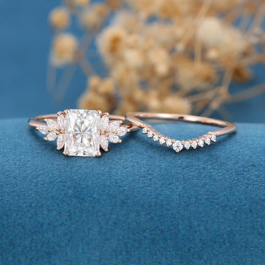 Radiant cut Moissanite Cluster Engagement ring Bridal Set 