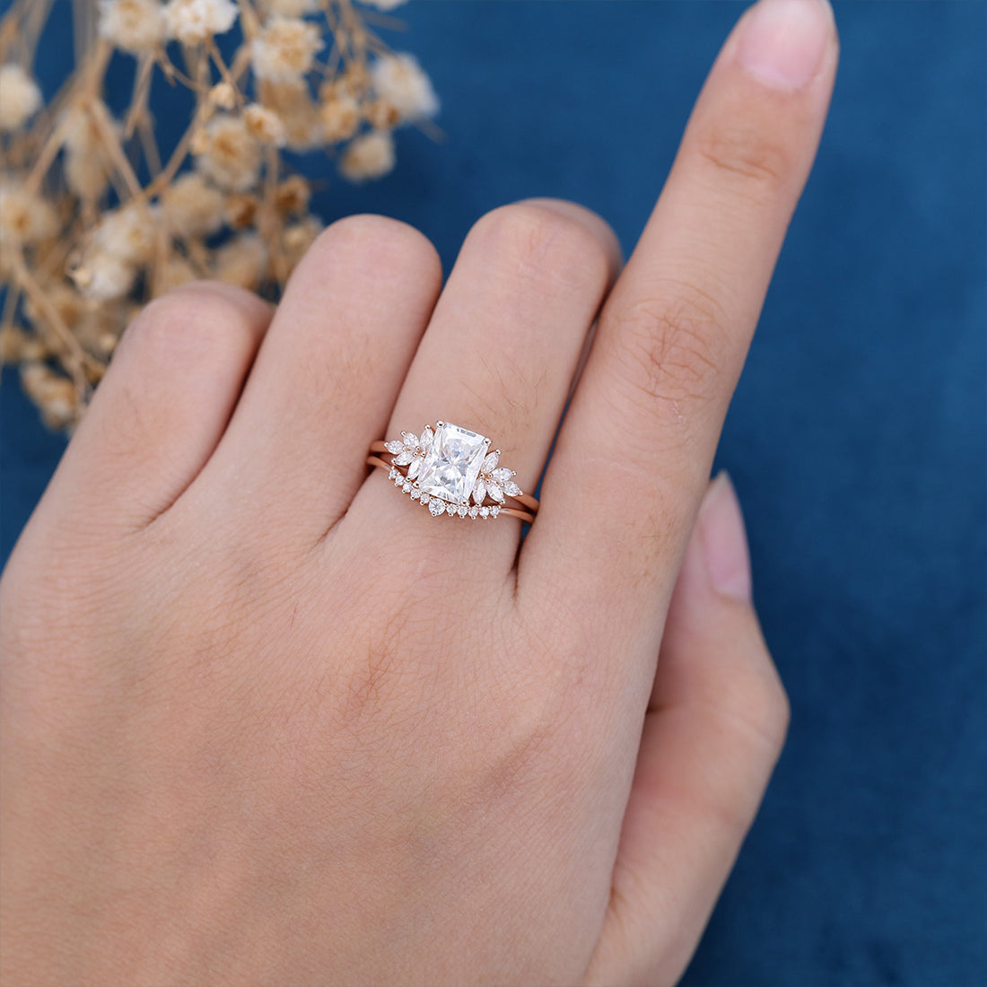 Radiant cut Moissanite Cluster Engagement ring Bridal Set