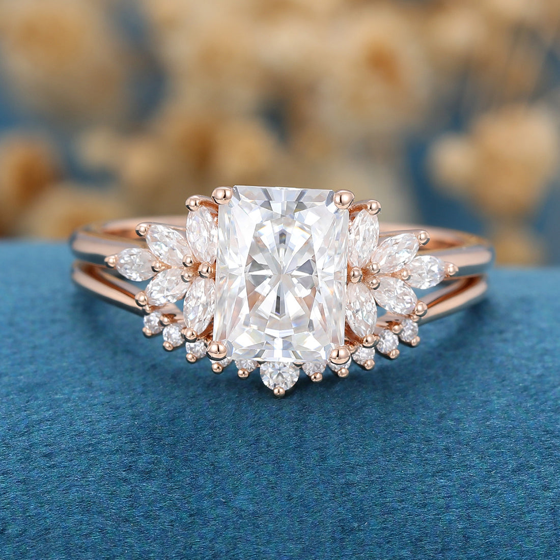 Radiant cut Moissanite Cluster Engagement ring Bridal Set 