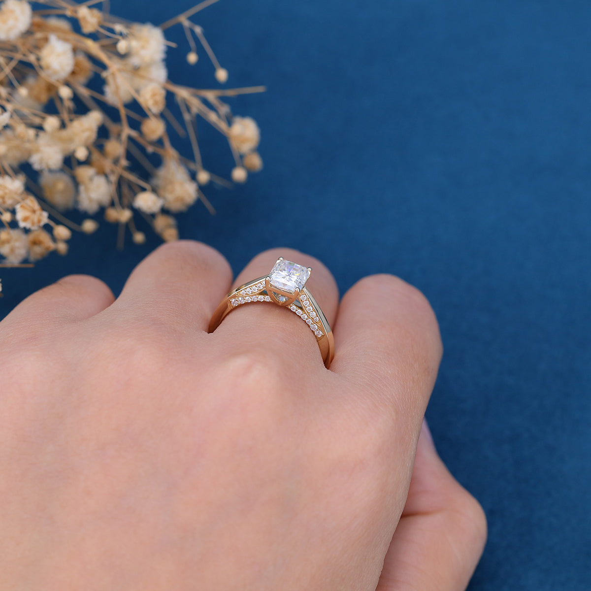 Radiant cut Moissanite Solitaire Engagement Ring 